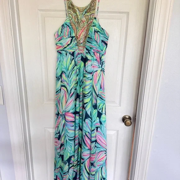 Lilly Pulitzer Lanette High Tide Navy Dancing Lady with Gold Beads and Stitch.